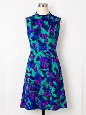 Maggy London Tropical Print Fit Flare Dress High Neck Purple Green Blue 10 NWT